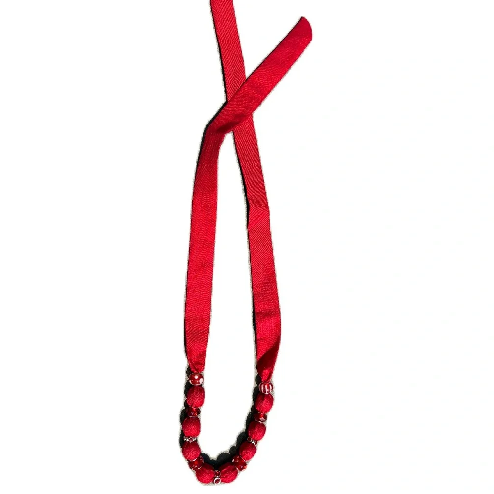 necklace red beaded fabric adjustable self-tie